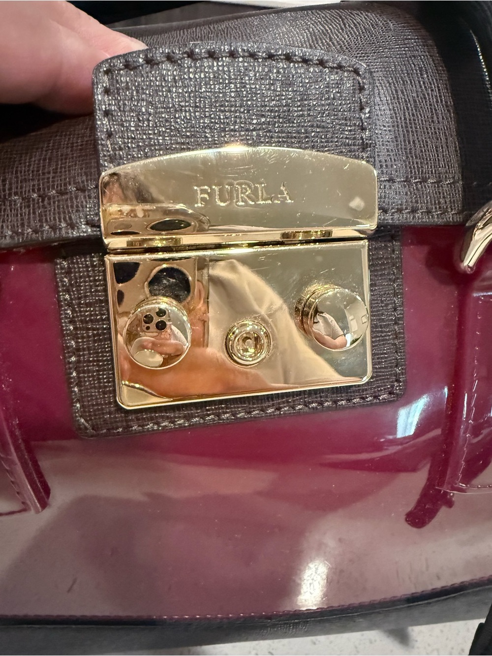 Furla Two-Tone Patent Satchel in Burgundy, Black and Brown - Picture 6 of 9